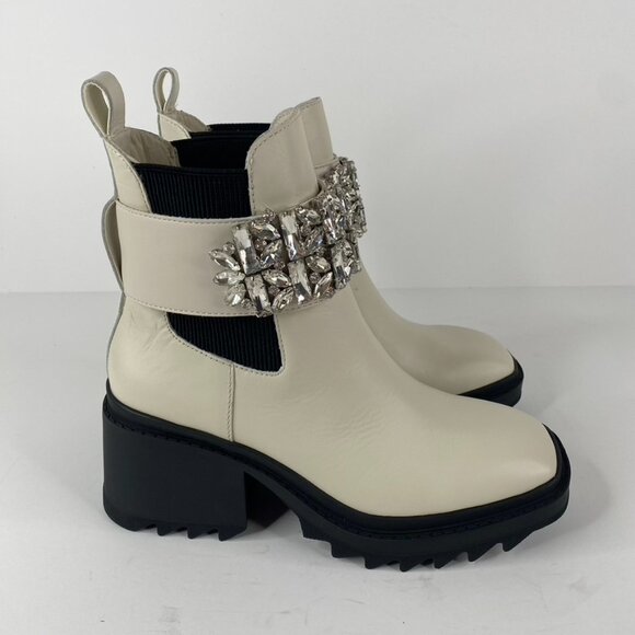 Karl Lagerfeld Paris Ivory Chunky Heel Embellished Platform Combat Boot Size 7.5 - Picture 6 of 11